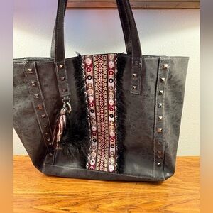 Large Black Embroidered Boho Bag,handbag, black tote, pompom tassle